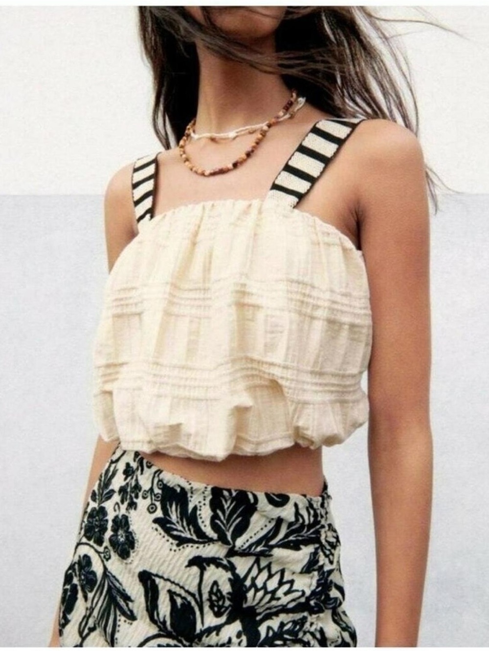 Never Worn Zara Cream Bubble Skirt top with Black-Striped Elastic Straps